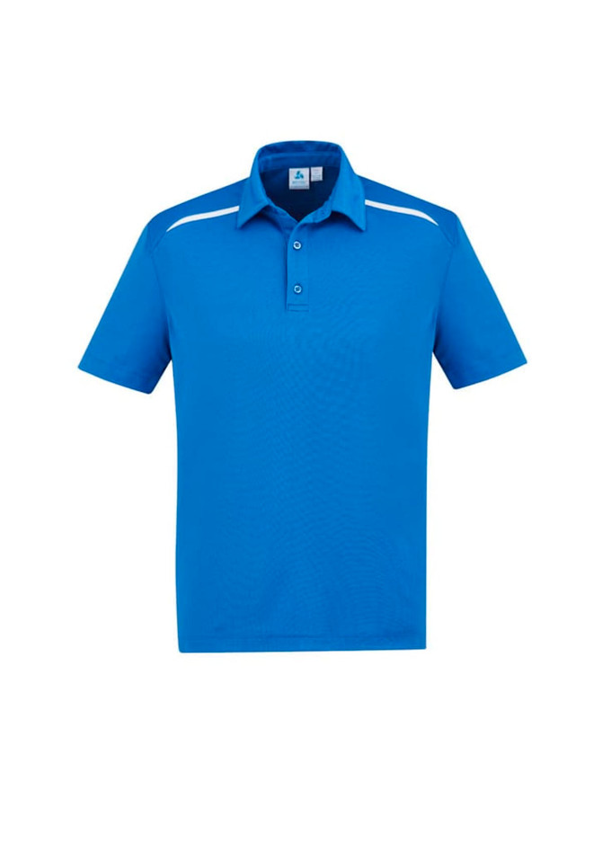A blue short sleeve polo shirt with a collar, featuring a logo and white accents on the shoulders.