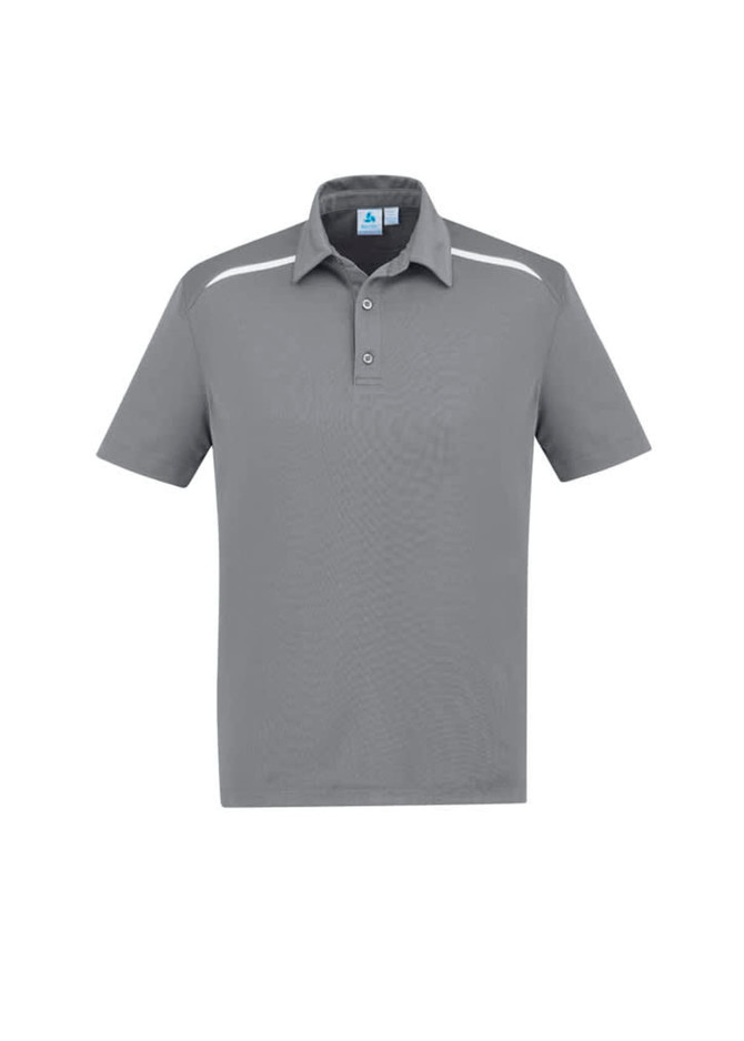 A grey short sleeve polo shirt featuring a logo and contrasting shoulder accents.