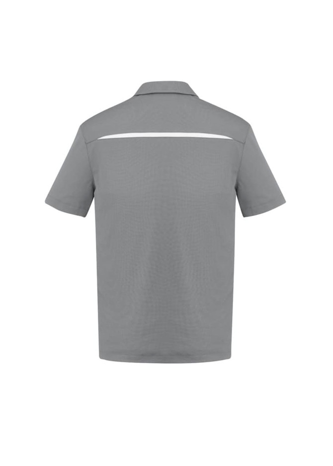 A grey short sleeve polo shirt featuring a subtle reflective stripe on the back and a logo on the front.