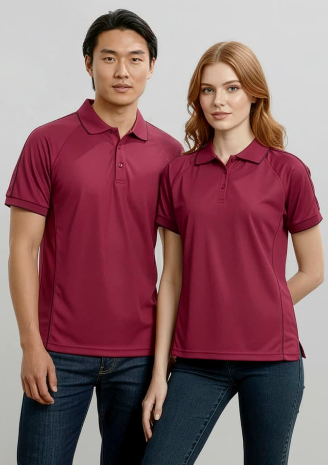 A maroon short sleeve polo shirt for men and women, featuring a collar and a logo. Suitable for casual wear.