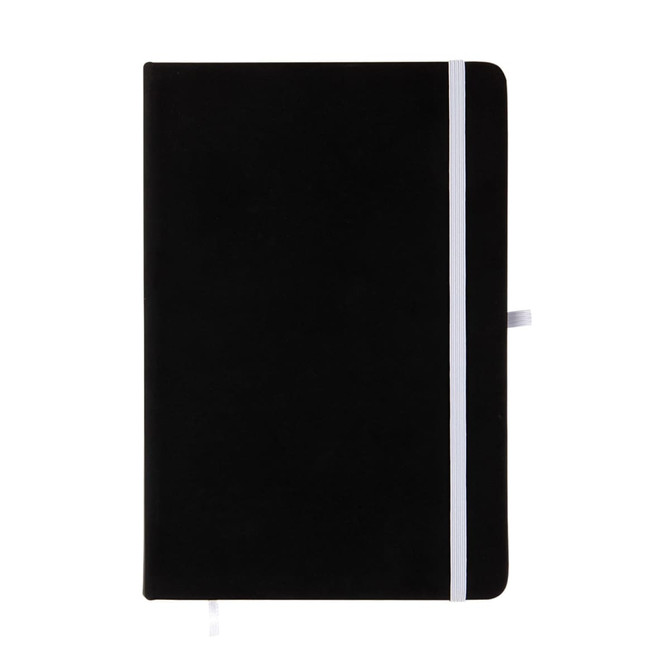 A sleek black Venture Supreme A5 Notebook featuring a white elastic closure.