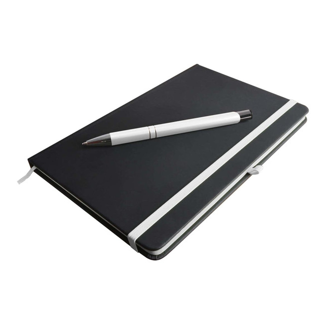 A black notebook with a white elastic band and a white pen resting on top.