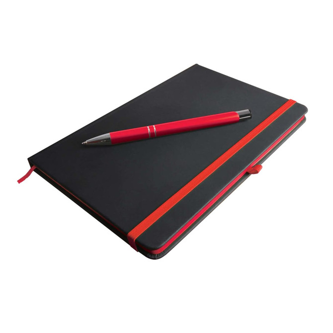 A black notebook with an orange elastic band, accompanied by a red pen. The notebook features a subtle logo.