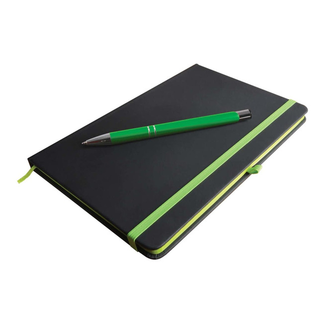 A black notebook with a green elastic band and a green pen resting on top. The notebook has a logo.