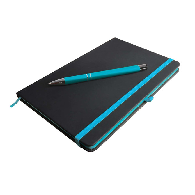 A black notebook with a turquoise elastic band, accompanied by a matching turquoise pen. The notebook has a clasp.