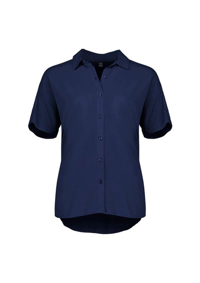 A navy short sleeve blouse featuring a button-up front and a relaxed fit. The blouse has a collar and rolled sleeves.