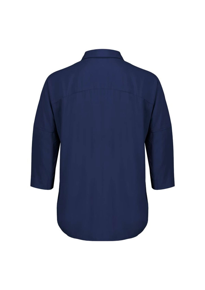 A navy blue women's blouse with 3/4 sleeves and a classic collar, featuring a smooth back design.