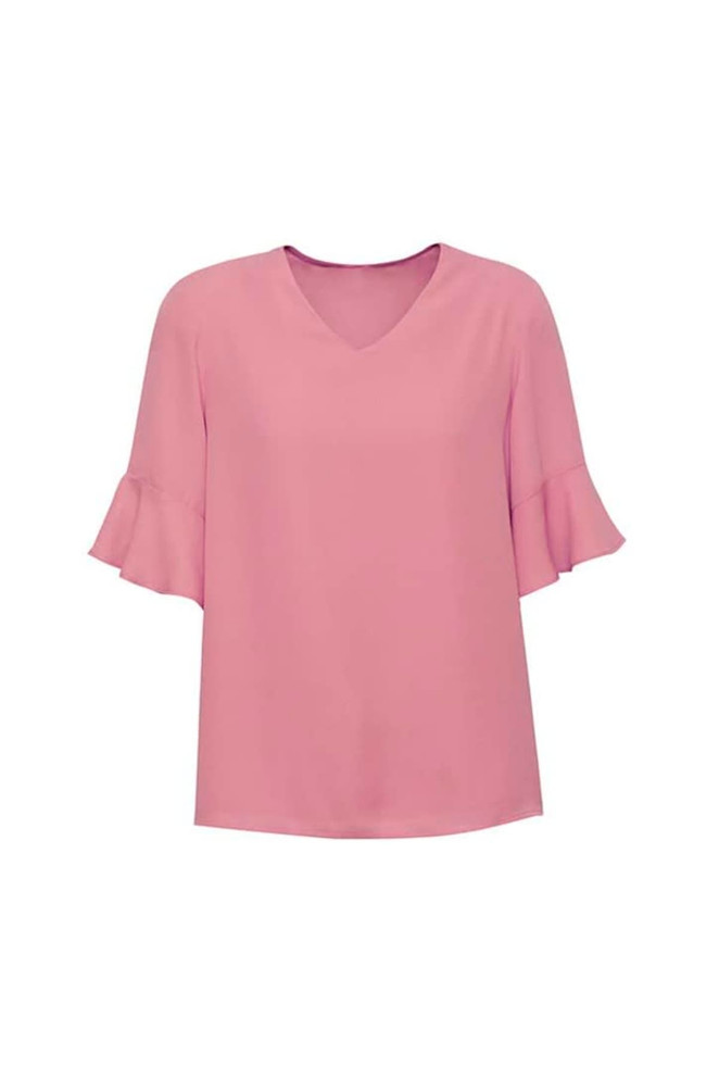 A pink fluted sleeve blouse with a V-neck design, featuring a simple and elegant style. It has a branding logo.