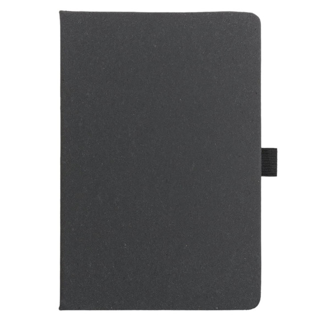 A black, hard cover notebook made from recycled leather with a ribbon closure. Features a logo on the cover.