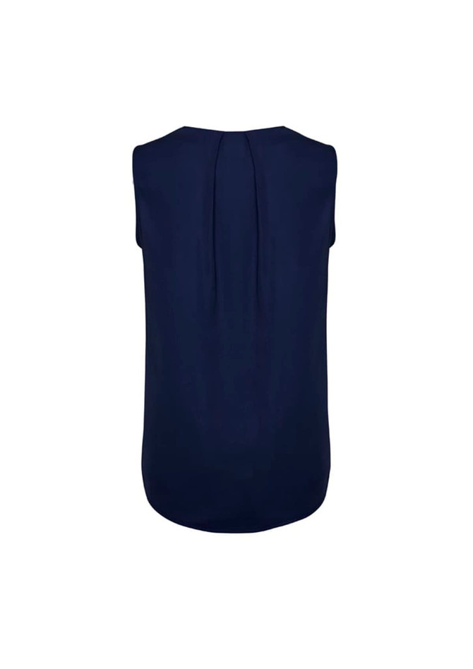 A navy sleeveless blouse with pleat detail at the back, featuring a smooth fabric and rounded hem.