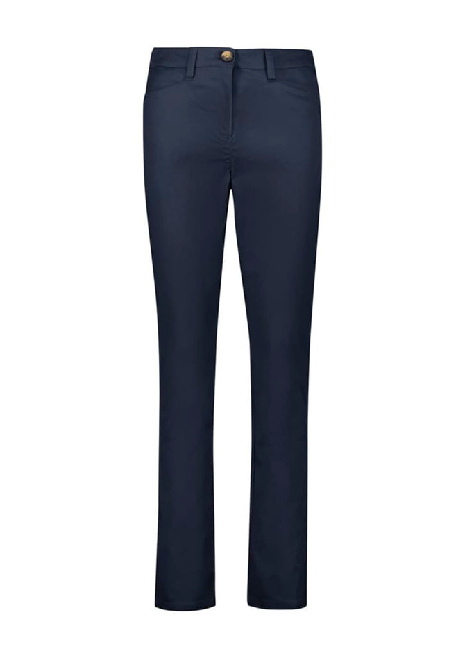A pair of women's slim leg stretch chino pants in navy, featuring a front button closure and pockets.