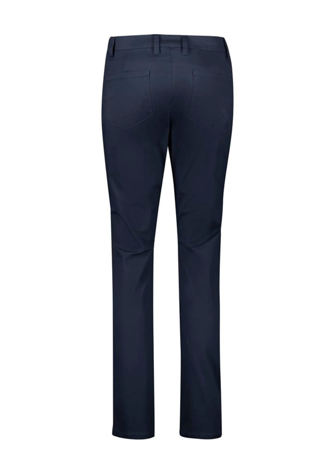 A pair of women's slim leg stretch chino pants in navy blue, featuring a back view with two pockets and a logo.