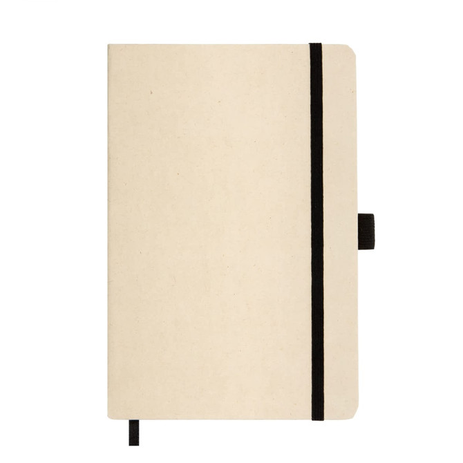A beige A5 notebook with a black elastic band and ribbon bookmark, featuring a logo on the cover.