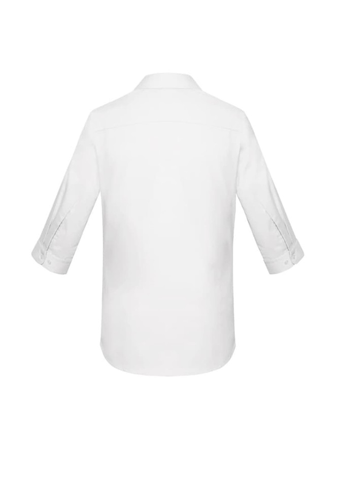 A white women's Charlie 3/4 sleeve button-up shirt featuring a back view with rolled sleeves.