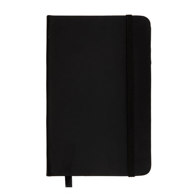 A black pocket notebook featuring a soft cover and an elastic band closure, designed for office and business use.
