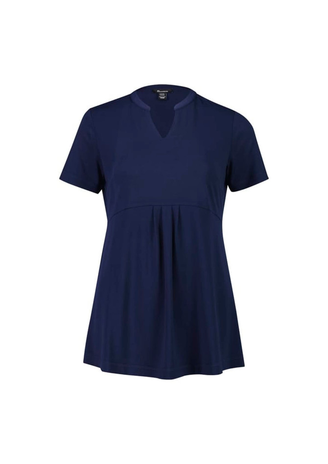 A navy blue women's Mali Stretch Tunic T-Top with a relaxed fit and short sleeves, featuring a small collar and pleating.
