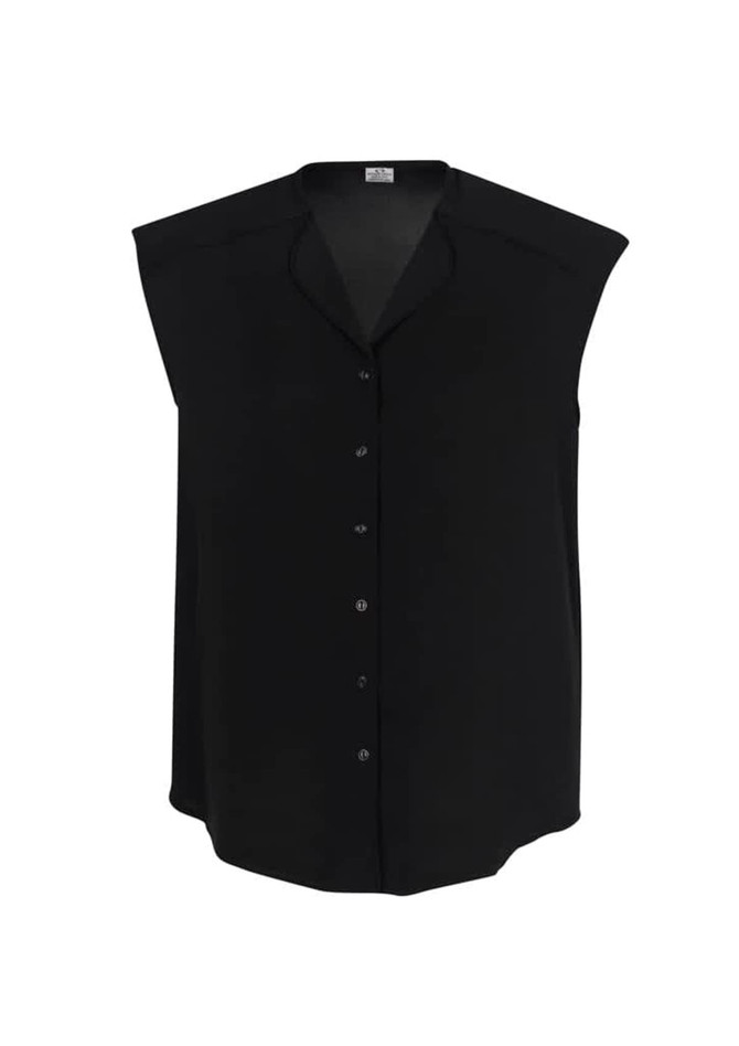 A black sleeveless blouse with a button-down front and a relaxed fit, featuring a collar and no logos.