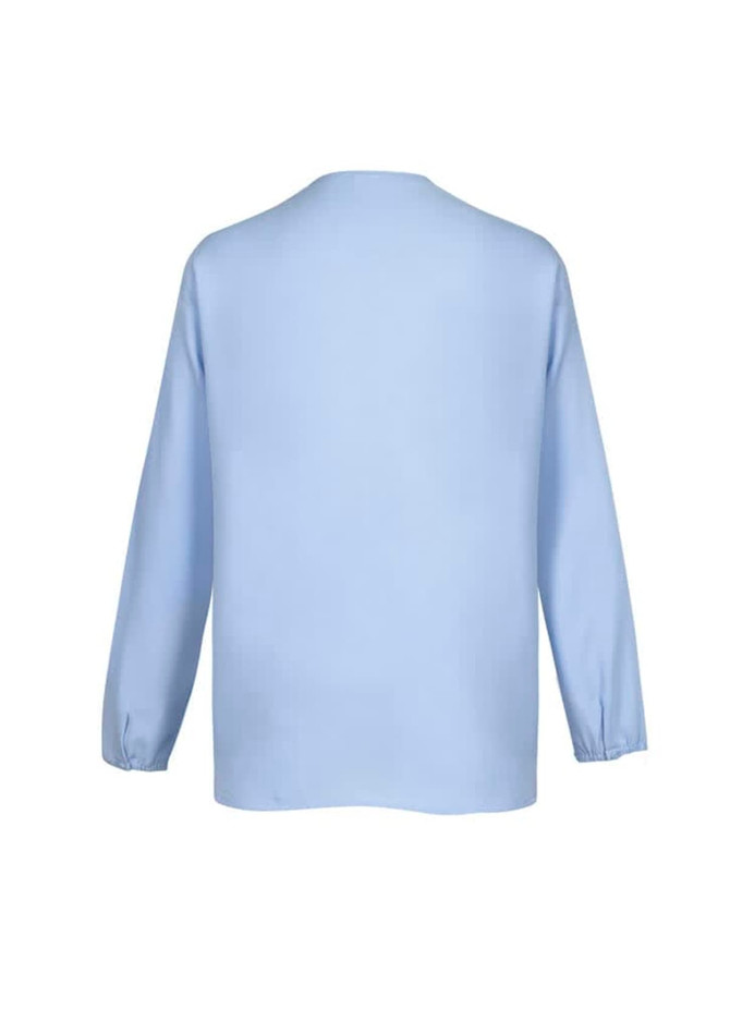 A light blue women's blouse with long sleeves and a hi-lo hem design. The garment has no visible logos or text.