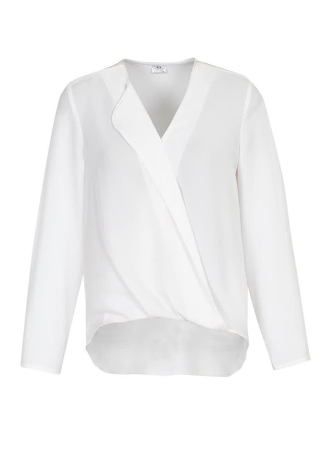 A white hi-lo blouse with a wrap design and long sleeves, featuring a subtle logo on the tag.