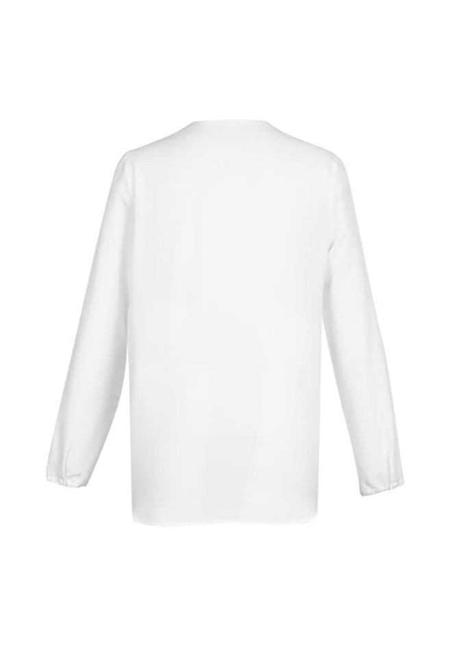 A women's white hi-lo blouse with long sleeves, featuring a simple design and a logo.