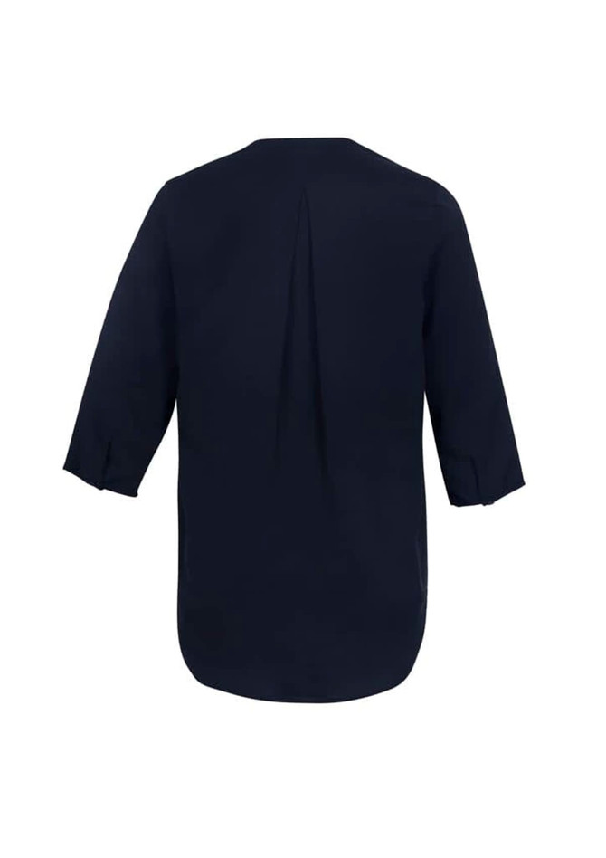 A navy blue women's longline blouse with three-quarter sleeves and a back pleat, featuring a branding logo.