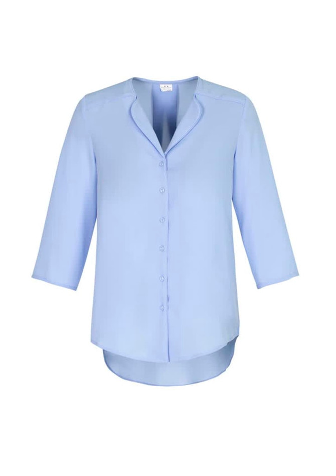 A light blue women's longline button-up blouse with three-quarter sleeves and a rounded hemline.
