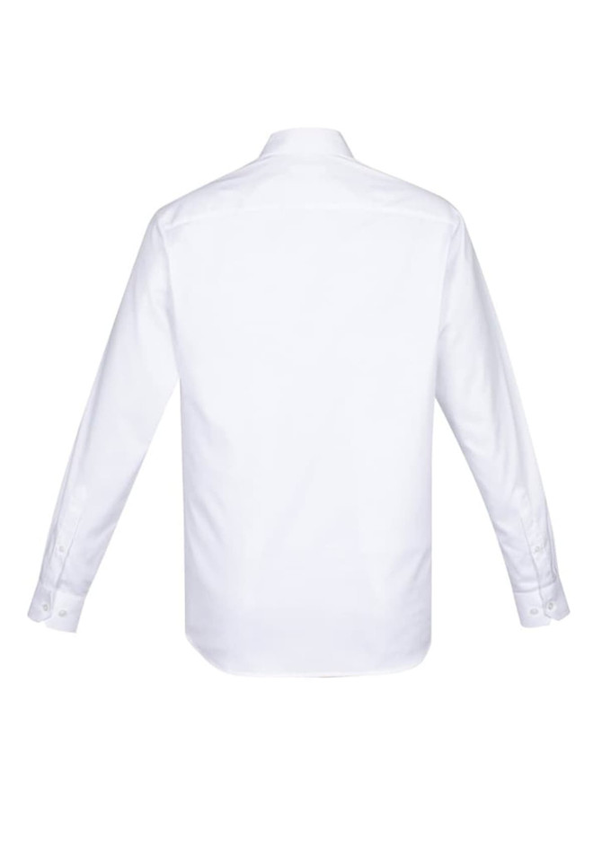 A white long sleeve button-up shirt with a classic collar and buttoned cuffs at the sleeves.