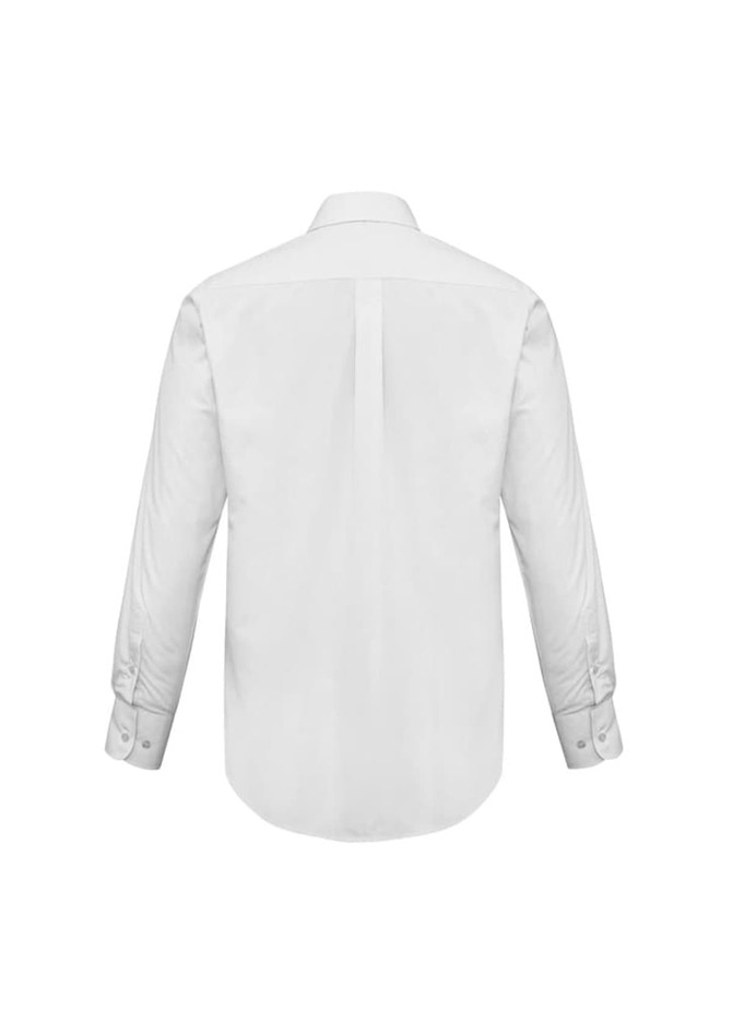 A white long sleeve button-up shirt featuring a standard collar and cuffed sleeves, with a logo on the back.