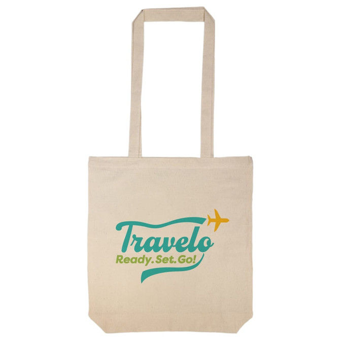 A tote bag in a natural color featuring a logo with green and blue text and an airplane graphic.