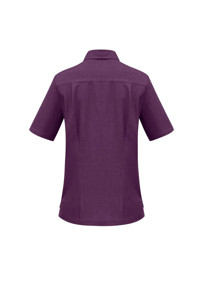 A short-sleeved purple overblouse with a collar and subtle seam detailing, featuring a logo.