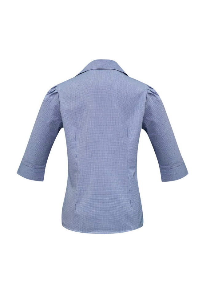 A women's blue 3/4 sleeve button-up shirt with a fitted design and a collar, featuring a back view.