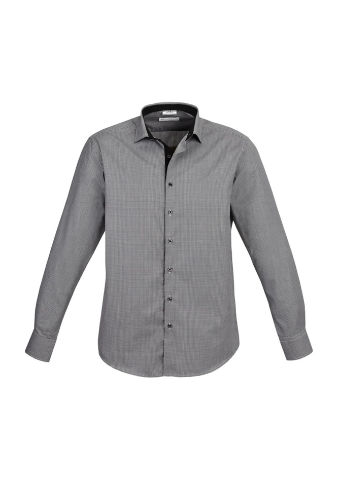 A button-up long sleeve shirt in grey with a subtle pattern and contrasting black collar. It features a logo.
