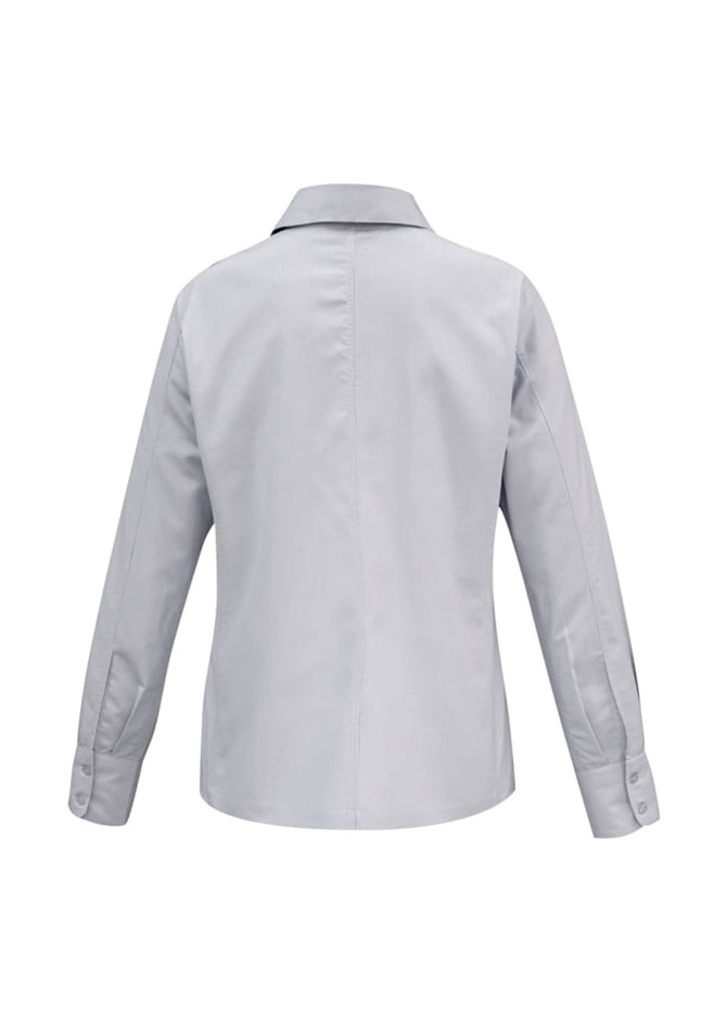 A women's button-up long sleeve shirt in light grey with a collar and sleeves buttoned at the cuffs.