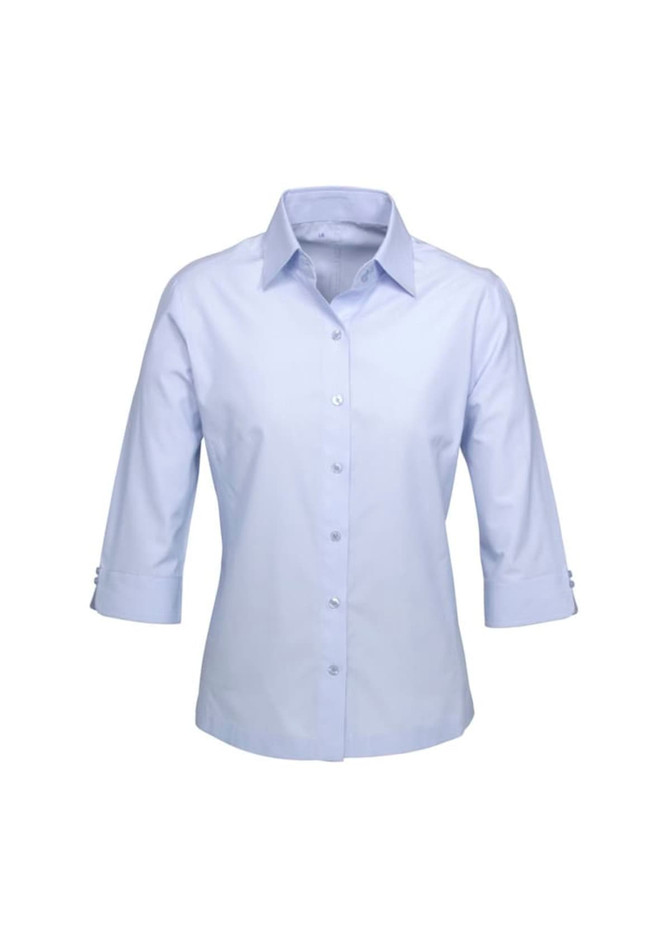A light blue women's button-up shirt with 3/4 sleeves and a collar, featuring a small logo on the chest.