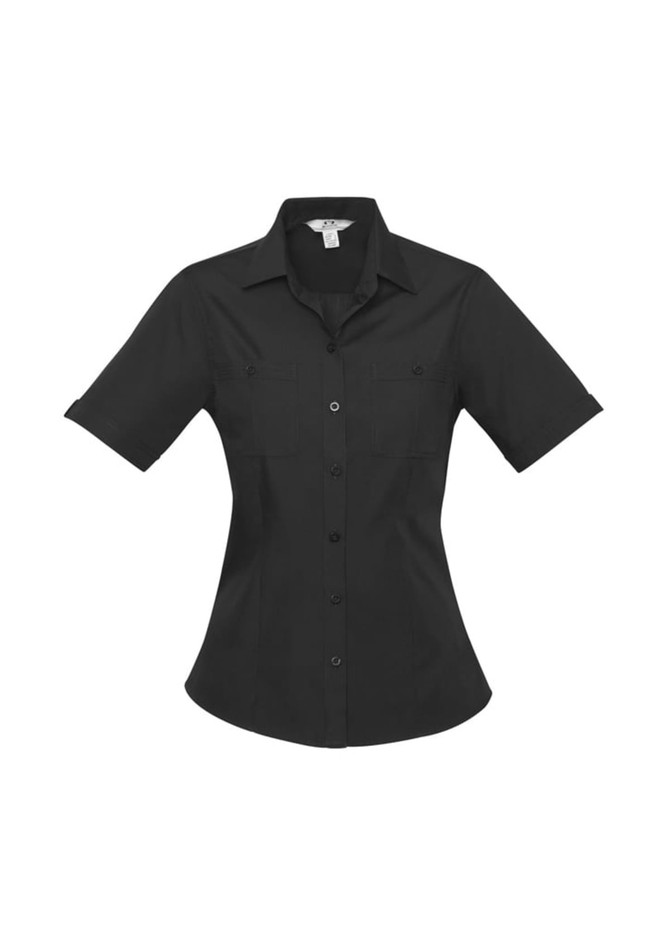 A black short sleeve button-up shirt with two front pockets and a fitted design. Features a logo on the label.