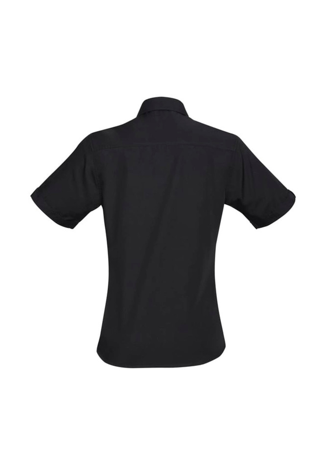 A black women's short sleeve button-up shirt featuring a collar and rolled sleeves. The shirt has a logo on the back.