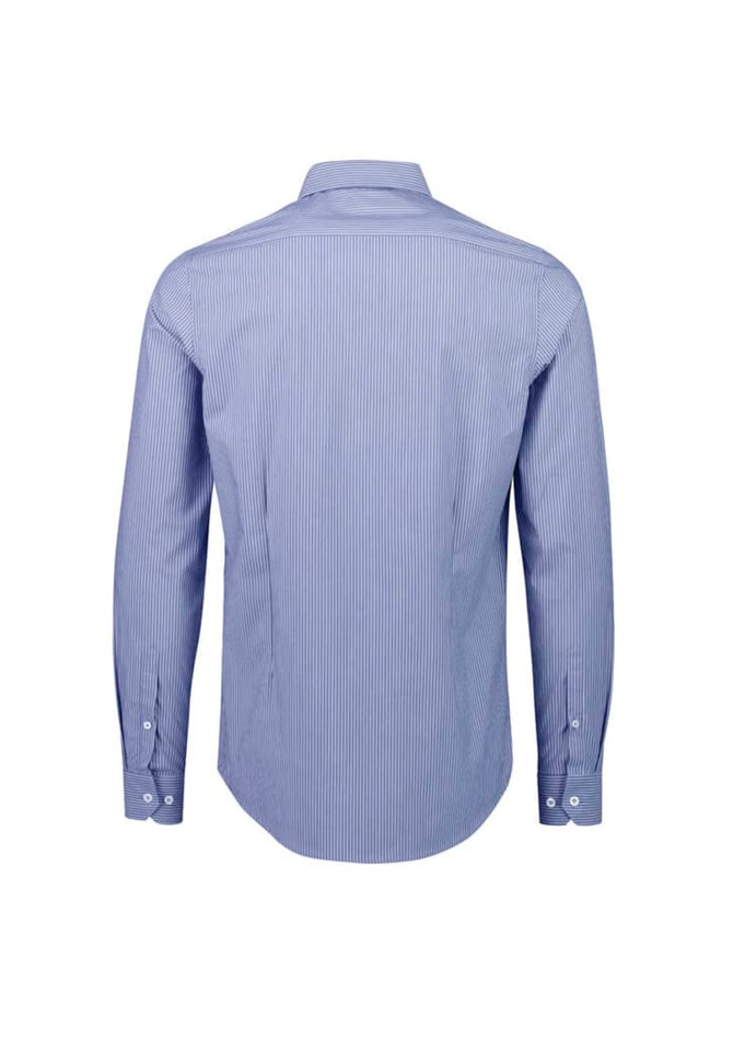 A tailored long sleeve shirt in blue with white stripes, featuring a collared neckline and button cuffs, with branding.