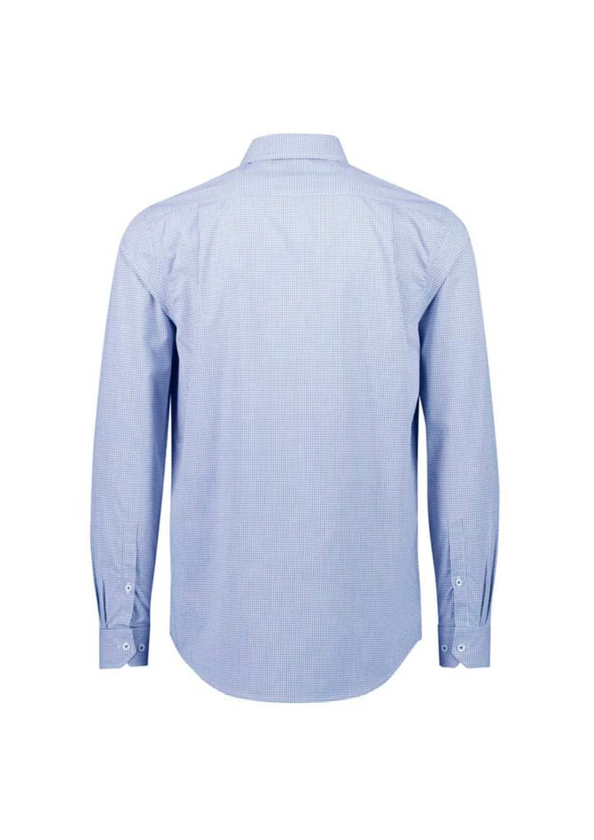A blue and white checked long sleeve button-up shirt with a logo on the back.