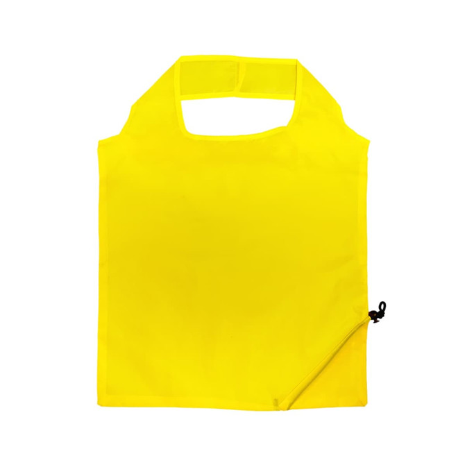A bright yellow reusable grocery bag with a foldable design and a side zipper.