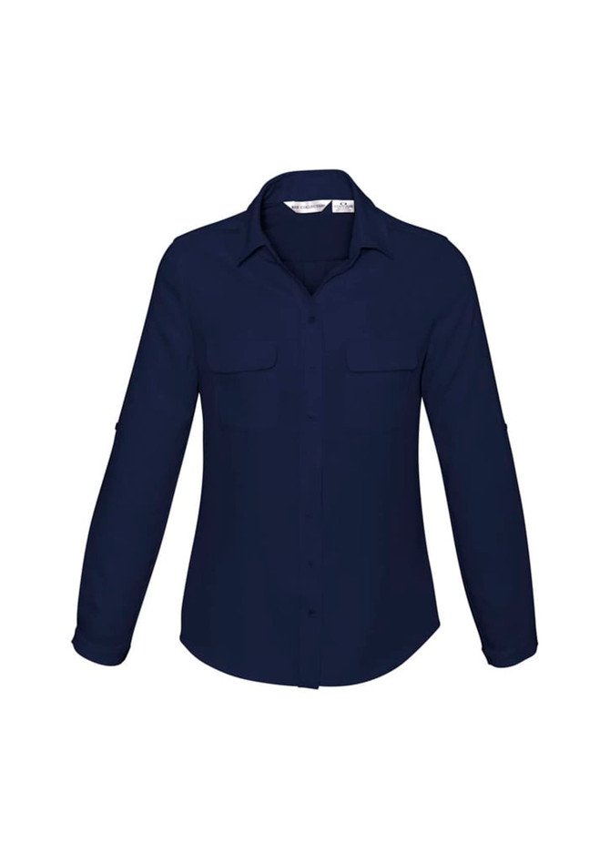 A women's long sleeve button-up shirt in navy blue with two chest pockets and roll-up sleeves.
