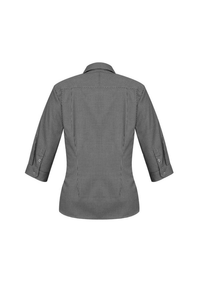A women's 3/4 sleeve button-up shirt in black and white check pattern, featuring a back view and a logo.