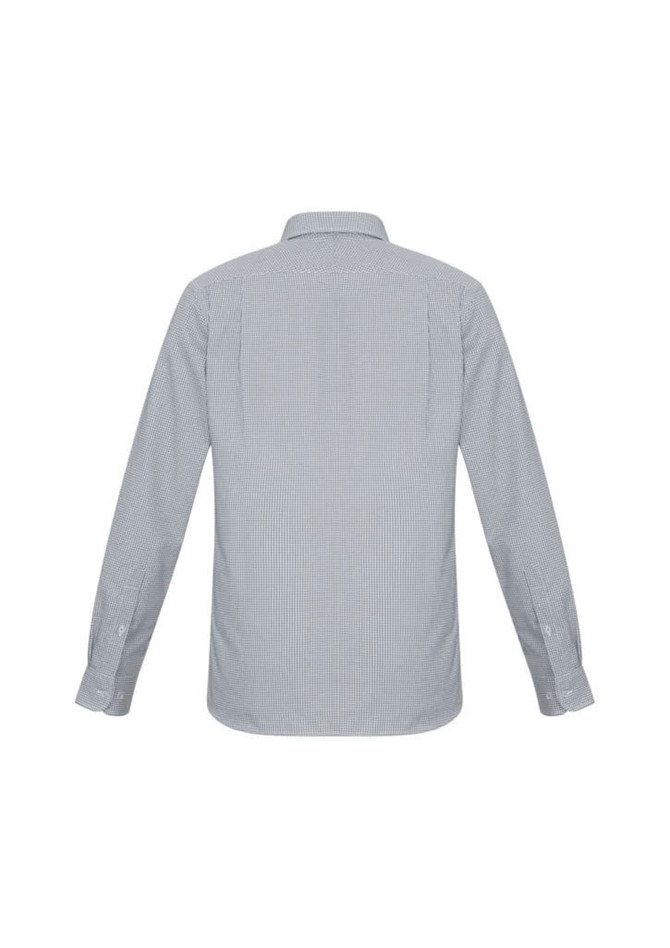A long-sleeve, button-up shirt in a light grey and white striped pattern, featuring a classic collar and cuffs.