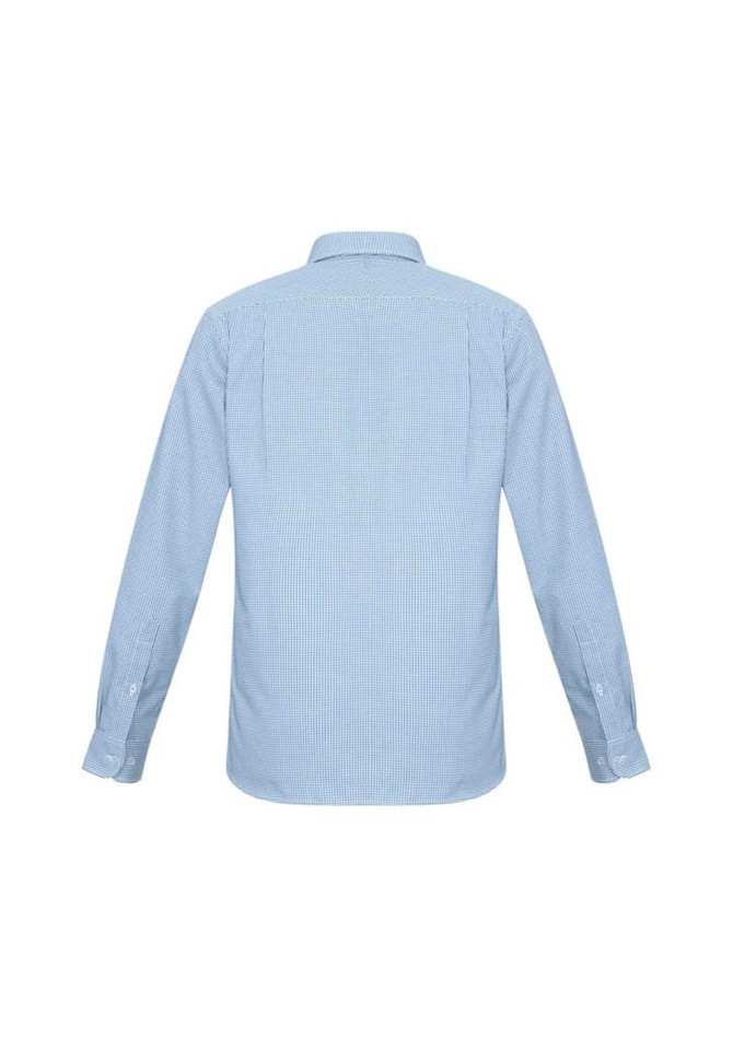 A long sleeve button-up shirt in light blue with a striped pattern and a back view. It features a collar and has a logo.