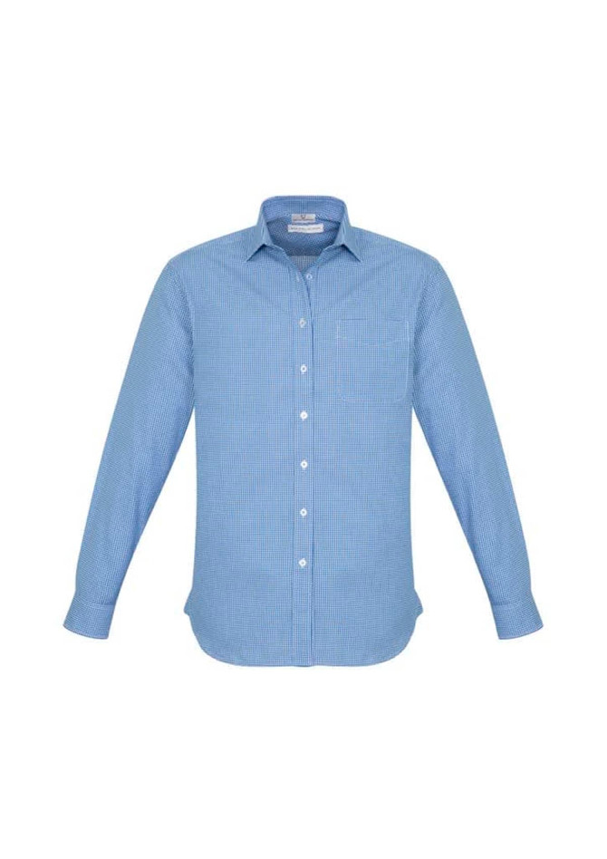 A blue and white striped long sleeve button-up shirt with a pocket and a logo.