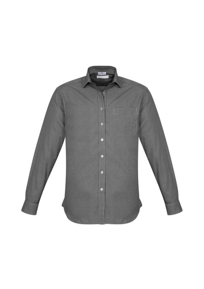 A long sleeve button-up shirt in a grey striped pattern, featuring a pocket and a logo.