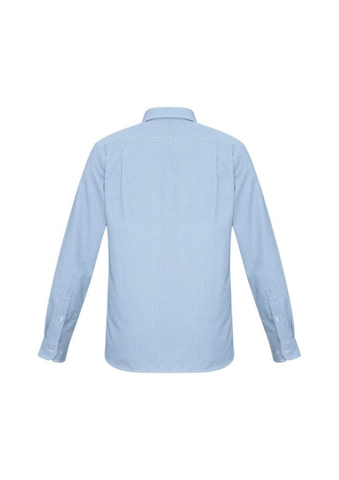 A blue and white striped long sleeve shirt with a collar and button cuffs, featuring a logo on the back.