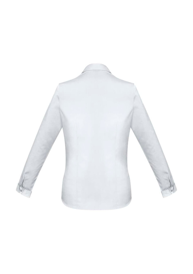A white long sleeve button-up shirt with a collar and cuffs, featuring a branded logo.
