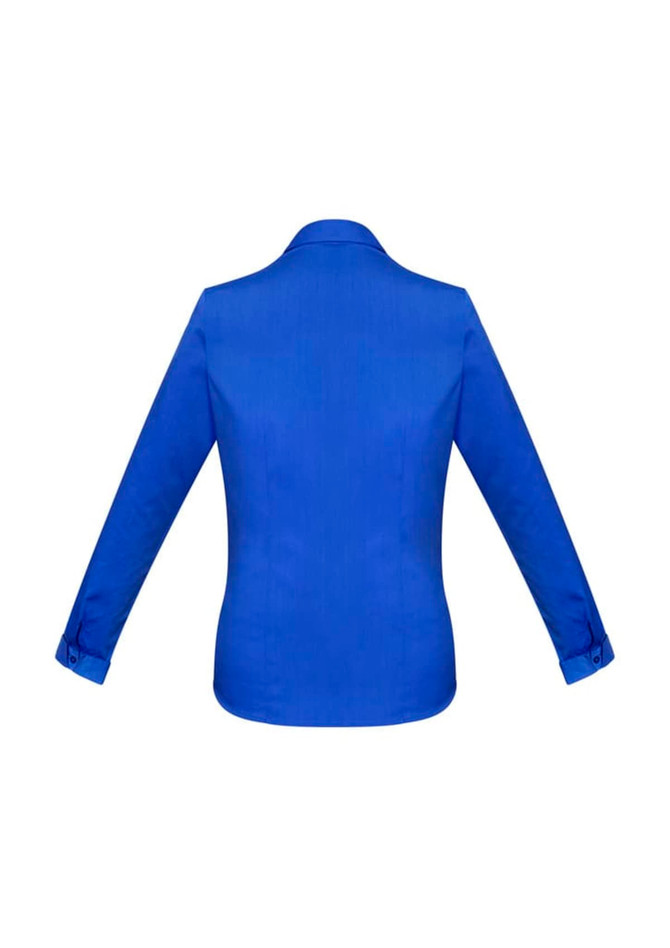 A vibrant blue women's long sleeve button-up shirt featuring a sleek design and a branded logo.