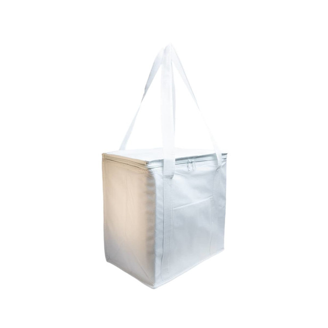 A cooler shopping bag in light gray with a zippered top and sturdy handles. It includes a pocket on one side.