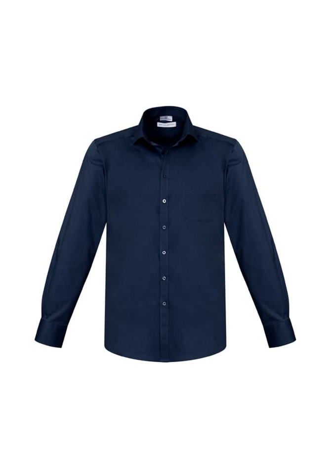 A navy blue long sleeve button-up shirt with a chest pocket and a branded label.